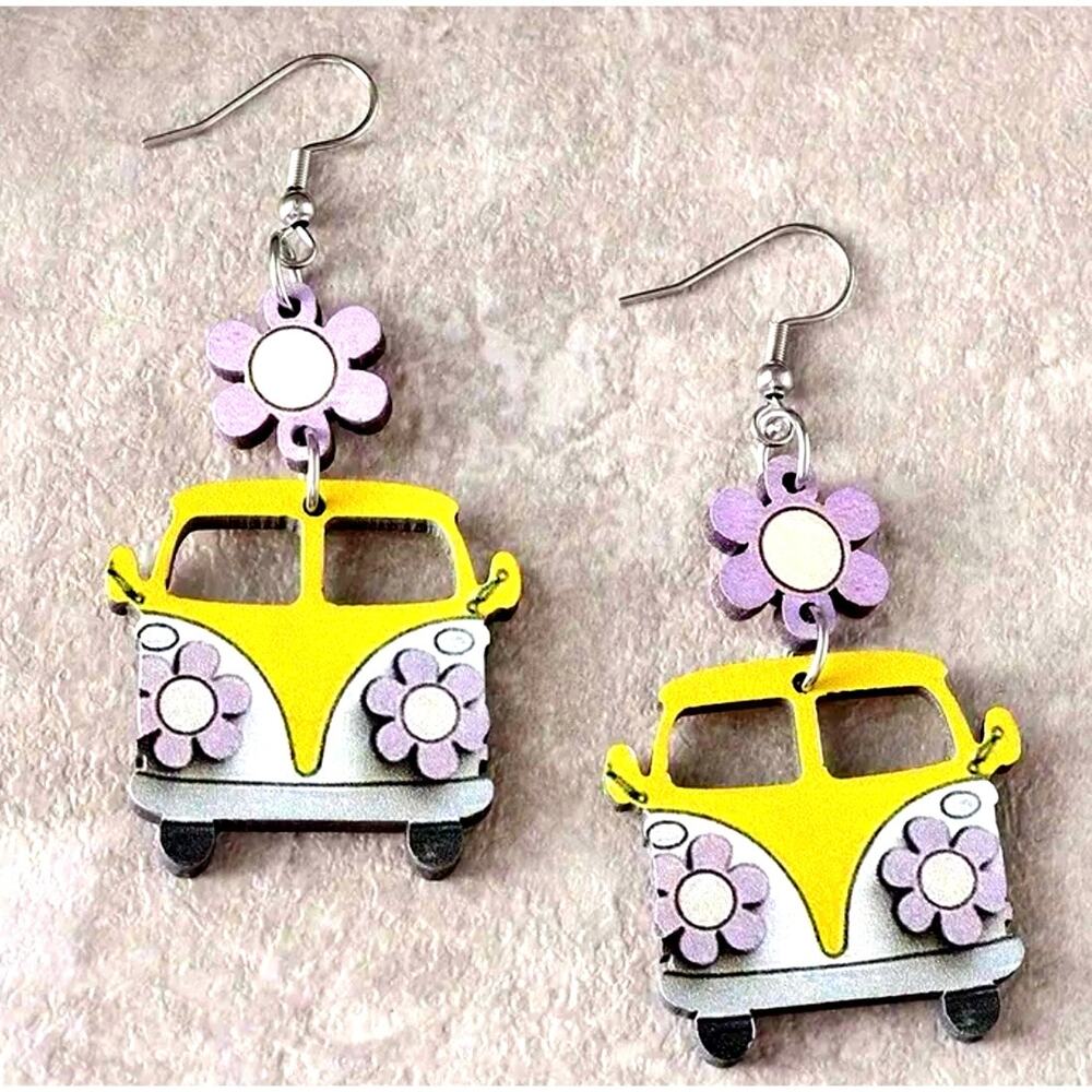 Colorful Retro Boho VW Bus Wooden Stainless Steel Earrings Yellow 1 pair - Picture 2 of 6